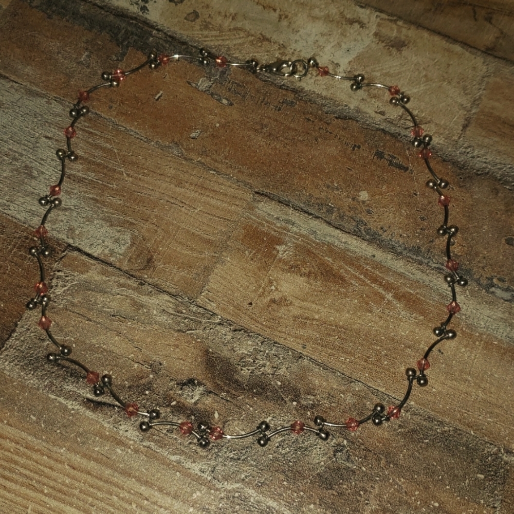 Vintage Silver Tone Choker With Pink Beads